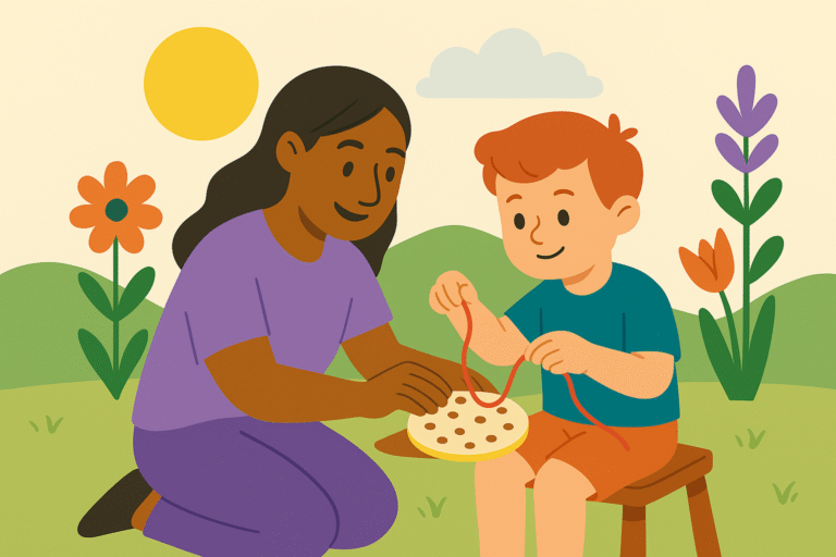 Blog Occupational therapist and young child sitting outdoors working on a lacing fine-motor activity together, surrounded by colorful flowers and hills, in a playful illustrated style